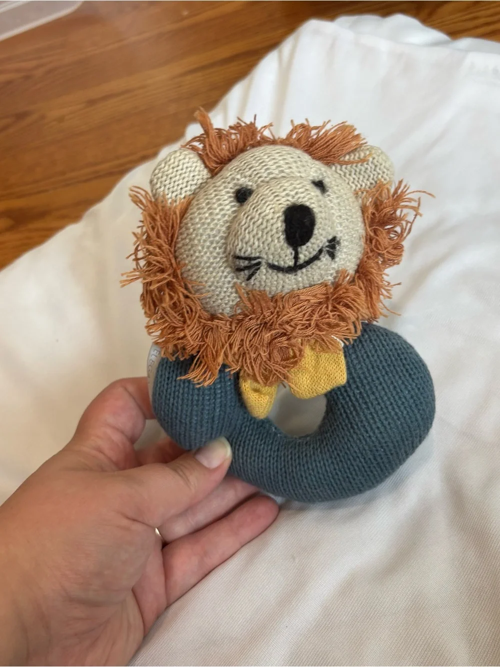 Elegant baby Soft Knit Lion Rattle Toy in Cream, Orange and Blue